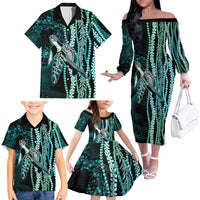 Hawaiian Honu Personalized Family Matching Off The Shoulder Long Sleeve Dress and Hawaiian Shirt Dark Cyan Maile Pikake Flower Lei Inspired