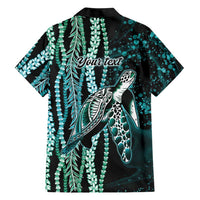 Hawaiian Honu Personalized Family Matching Off The Shoulder Long Sleeve Dress and Hawaiian Shirt Dark Cyan Maile Pikake Flower Lei Inspired
