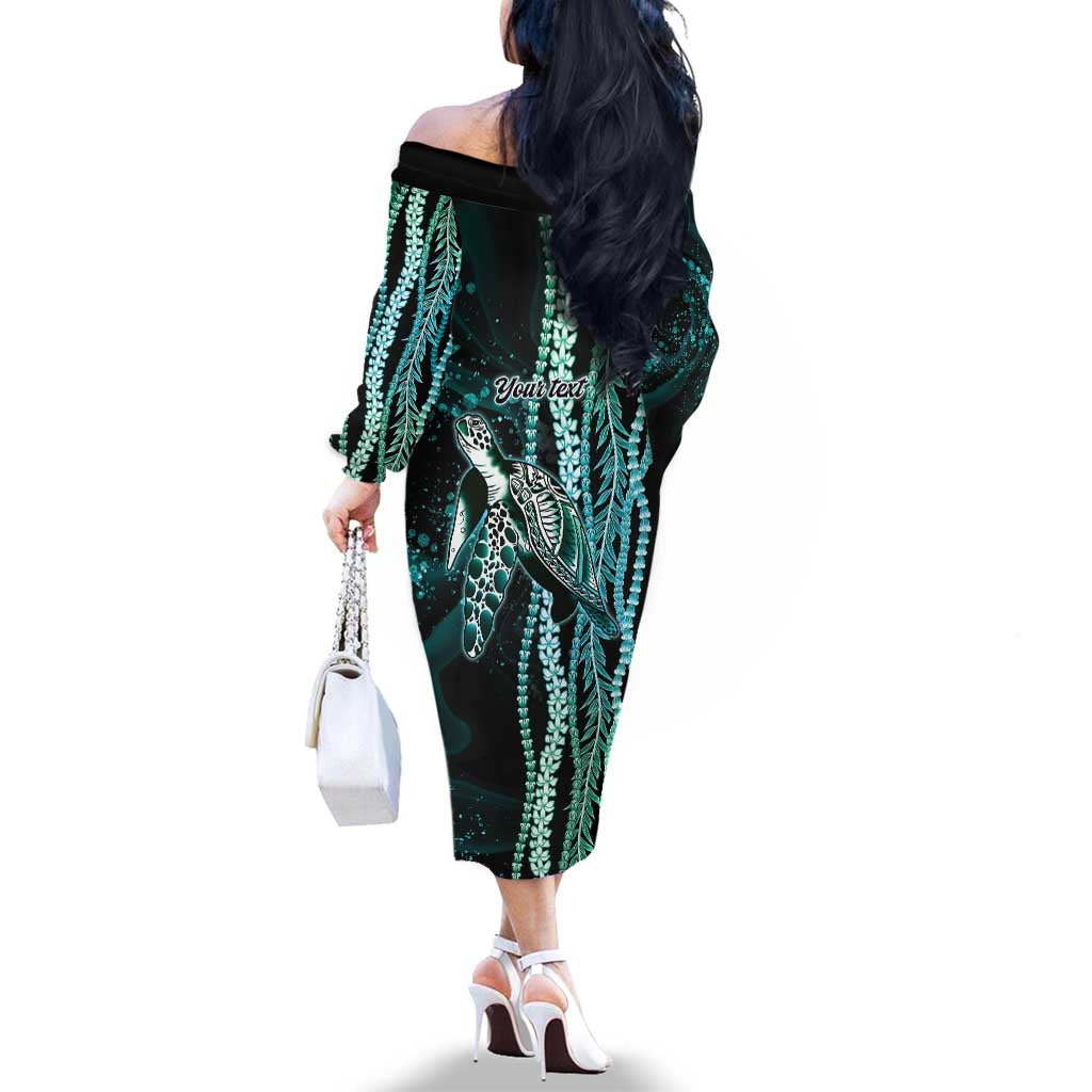 Hawaiian Honu Personalized Family Matching Off The Shoulder Long Sleeve Dress and Hawaiian Shirt Dark Cyan Maile Pikake Flower Lei Inspired