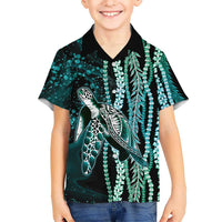 Hawaiian Honu Personalized Family Matching Off The Shoulder Long Sleeve Dress and Hawaiian Shirt Dark Cyan Maile Pikake Flower Lei Inspired