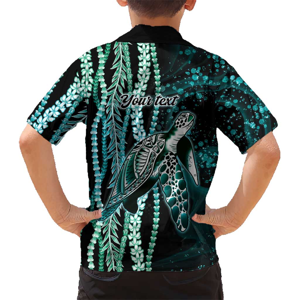 Hawaiian Honu Personalized Family Matching Off Shoulder Maxi Dress and Hawaiian Shirt Dark Cyan Maile Pikake Flower Lei Inspired