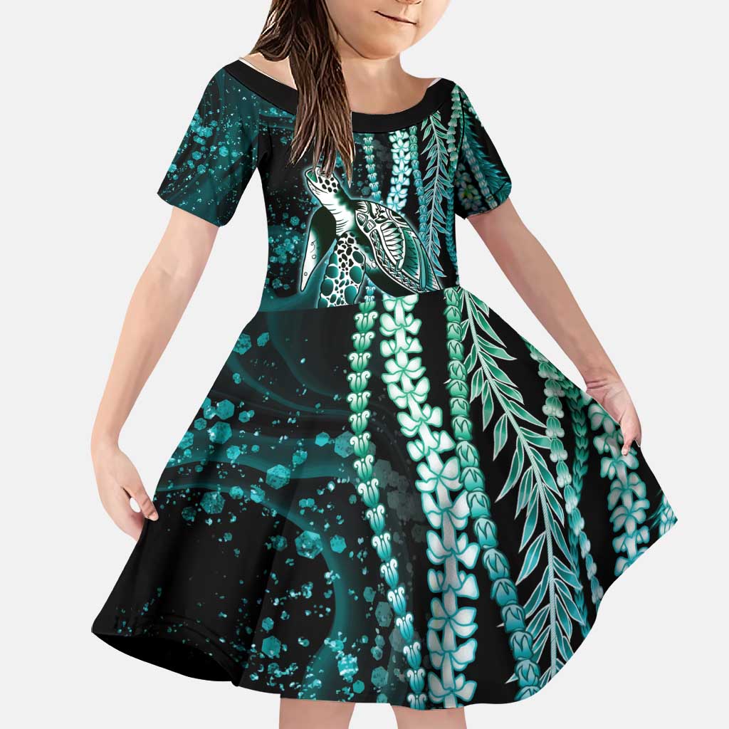 Hawaiian Honu Personalized Family Matching Off Shoulder Maxi Dress and Hawaiian Shirt Dark Cyan Maile Pikake Flower Lei Inspired