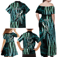 Hawaiian Honu Personalized Family Matching Off Shoulder Maxi Dress and Hawaiian Shirt Dark Cyan Maile Pikake Flower Lei Inspired