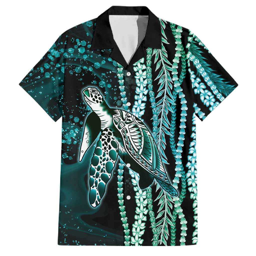 Hawaiian Honu Personalized Family Matching Off Shoulder Maxi Dress and Hawaiian Shirt Dark Cyan Maile Pikake Flower Lei Inspired