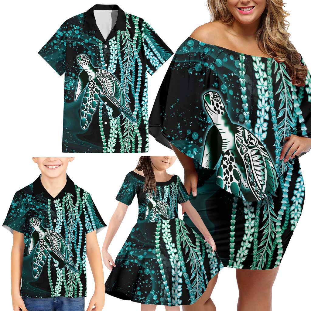 Hawaiian Honu Personalized Family Matching Off Shoulder Short Dress and Hawaiian Shirt Dark Cyan Maile Pikake Flower Lei Inspired