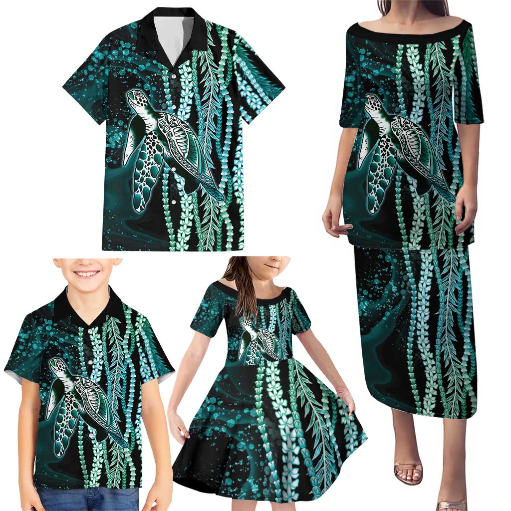 Hawaiian Honu Personalized Family Matching Puletasi and Hawaiian Shirt Dark Cyan Maile Pikake Flower Lei Inspired