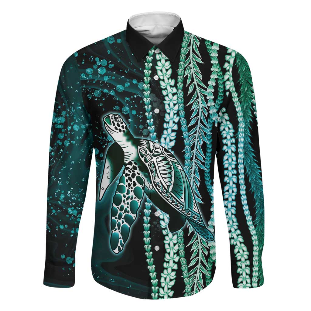 Hawaiian Honu Personalized Family Matching Puletasi and Hawaiian Shirt Dark Cyan Maile Pikake Flower Lei Inspired