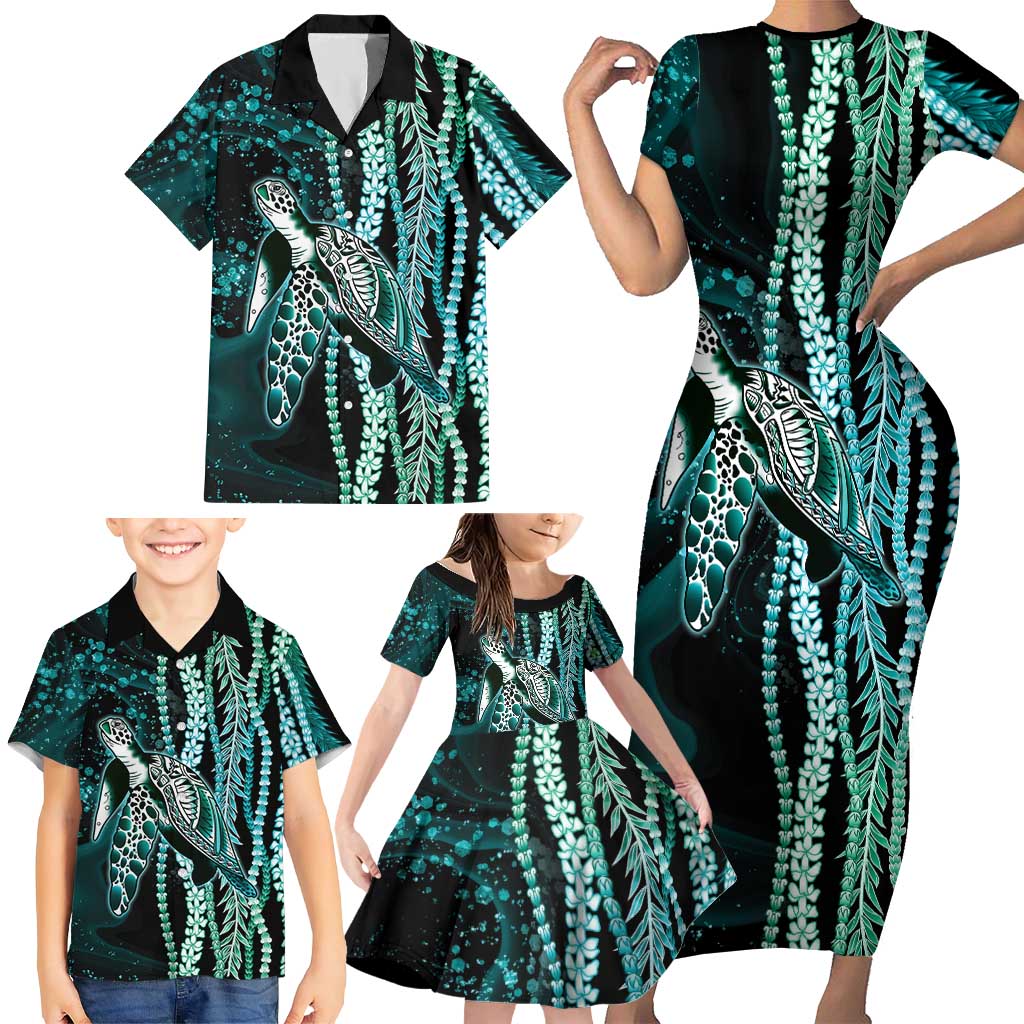 Hawaiian Honu Personalized Family Matching Short Sleeve Bodycon Dress and Hawaiian Shirt Dark Cyan Maile Pikake Flower Lei Inspired