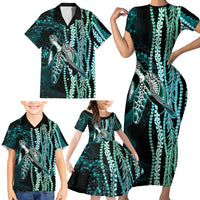 Hawaiian Honu Personalized Family Matching Short Sleeve Bodycon Dress and Hawaiian Shirt Dark Cyan Maile Pikake Flower Lei Inspired