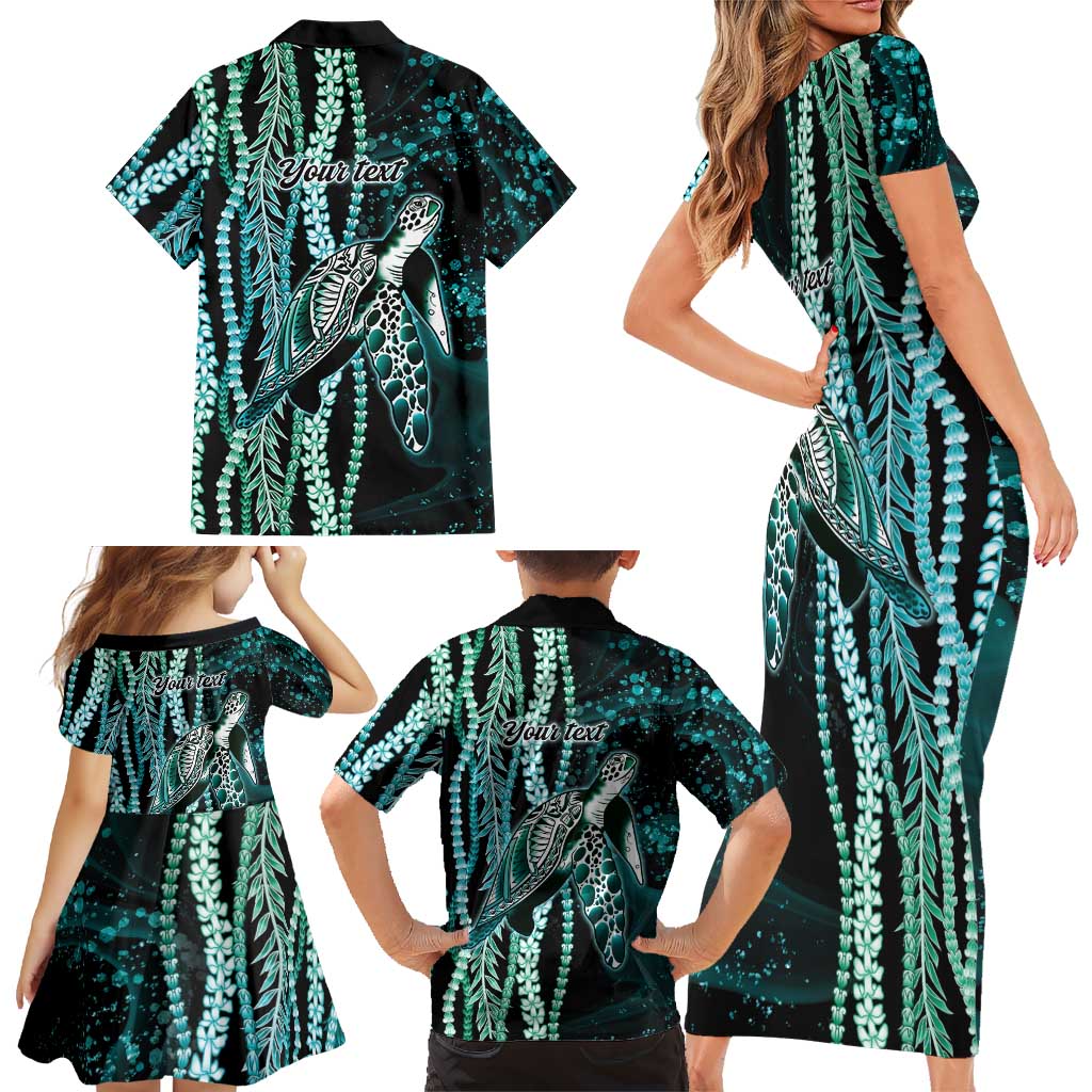 Hawaiian Honu Personalized Family Matching Short Sleeve Bodycon Dress and Hawaiian Shirt Dark Cyan Maile Pikake Flower Lei Inspired