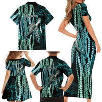 Hawaiian Honu Personalized Family Matching Short Sleeve Bodycon Dress and Hawaiian Shirt Dark Cyan Maile Pikake Flower Lei Inspired