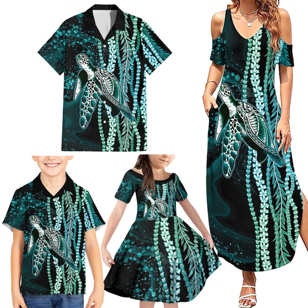Hawaiian Honu Personalized Family Matching Summer Maxi Dress and Hawaiian Shirt Dark Cyan Maile Pikake Flower Lei Inspired