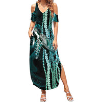 Hawaiian Honu Personalized Family Matching Summer Maxi Dress and Hawaiian Shirt Dark Cyan Maile Pikake Flower Lei Inspired
