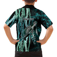 Hawaiian Honu Personalized Family Matching Tank Maxi Dress and Hawaiian Shirt Dark Cyan Maile Pikake Flower Lei Inspired