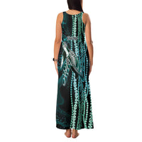 Hawaiian Honu Personalized Family Matching Tank Maxi Dress and Hawaiian Shirt Dark Cyan Maile Pikake Flower Lei Inspired
