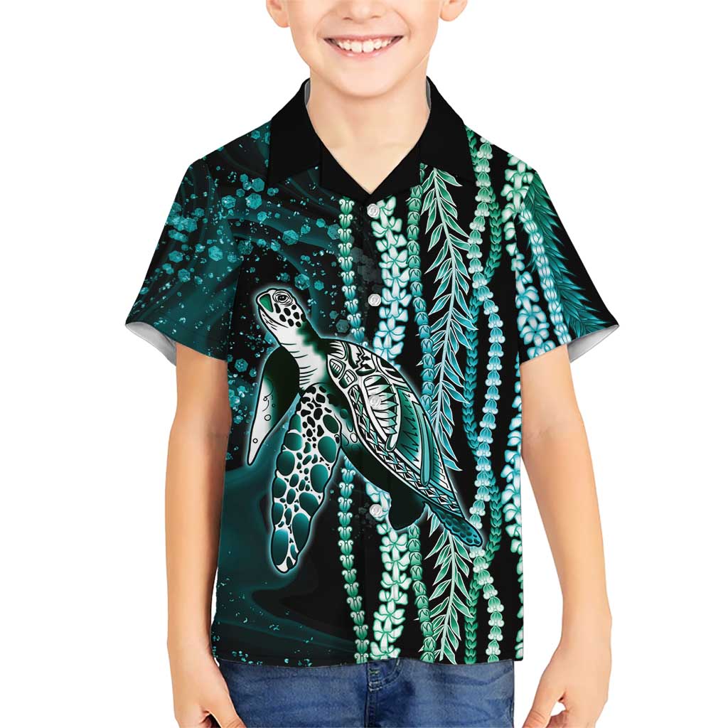 Hawaiian Honu Personalized Family Matching Tank Maxi Dress and Hawaiian Shirt Dark Cyan Maile Pikake Flower Lei Inspired