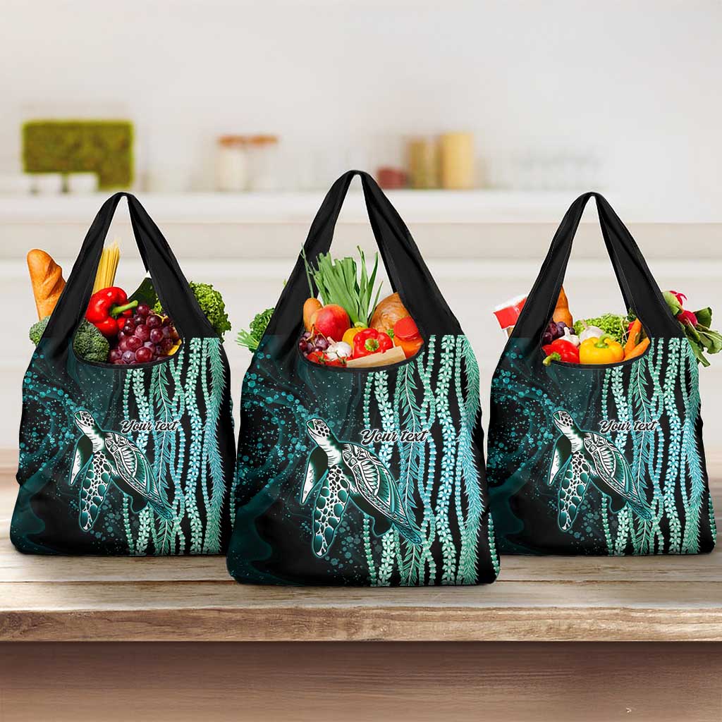 Hawaiian Honu Personalized Grocery Bag Dark Cyan Maile Pikake Flower Lei Inspired LT9 3-pack One Size Cyan - Polynesian Pride
