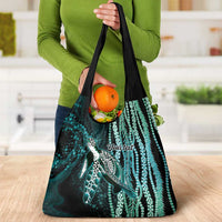 Hawaiian Honu Personalized Grocery Bag Dark Cyan Maile Pikake Flower Lei Inspired LT9 - Polynesian Pride