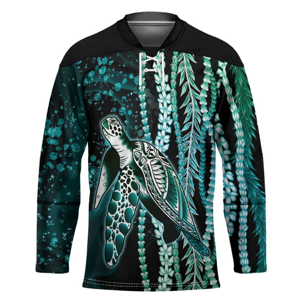 Hawaiian Honu Personalized Hockey Jersey Dark Cyan Maile Pikake Flower Lei Inspired LT9 Unisex Cyan - Polynesian Pride