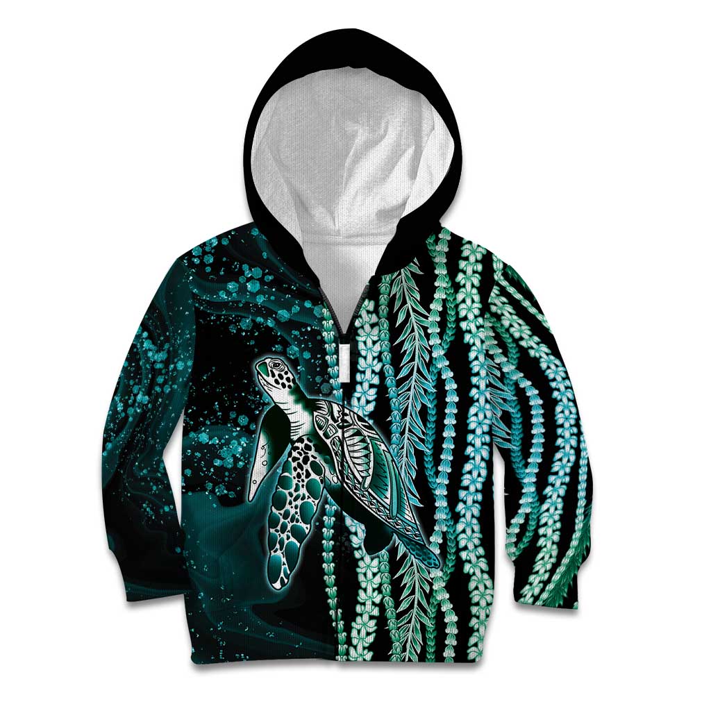 Hawaiian Honu Personalized Kid Hoodie Dark Cyan Maile Pikake Flower Lei Inspired LT9 Zip Hoodie Cyan - Polynesian Pride
