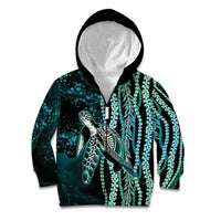 Hawaiian Honu Personalized Kid Hoodie Dark Cyan Maile Pikake Flower Lei Inspired LT9 Zip Hoodie Cyan - Polynesian Pride