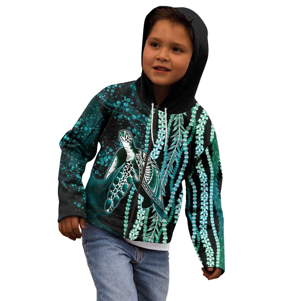 Hawaiian Honu Personalized Kid Hoodie Dark Cyan Maile Pikake Flower Lei Inspired LT9 - Polynesian Pride