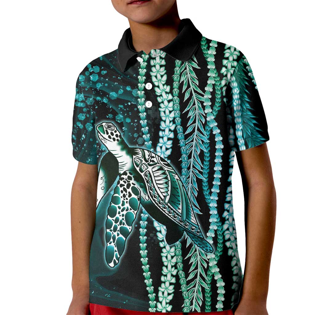 Hawaiian Honu Personalized Kid Polo Shirt Dark Cyan Maile Pikake Flower Lei Inspired