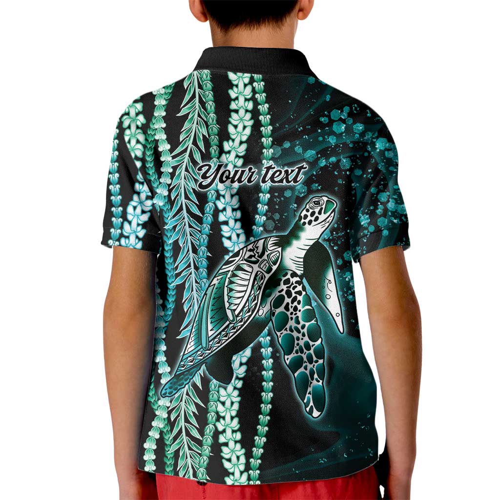 Hawaiian Honu Personalized Kid Polo Shirt Dark Cyan Maile Pikake Flower Lei Inspired
