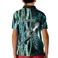 Hawaiian Honu Personalized Kid Polo Shirt Dark Cyan Maile Pikake Flower Lei Inspired