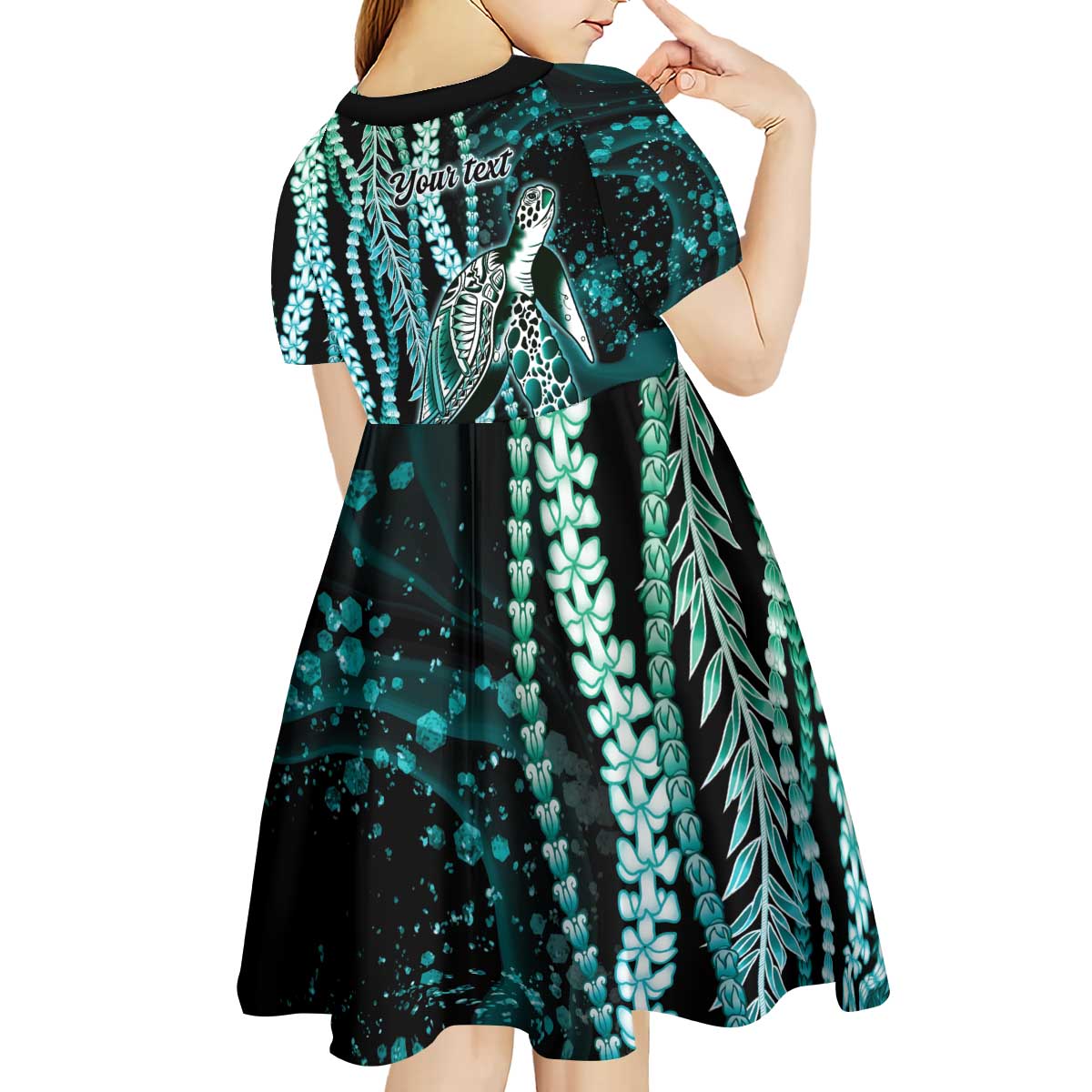 Hawaiian Honu Personalized Kid Short Sleeve Dress Dark Cyan Maile Pikake Flower Lei Inspired LT9 - Polynesian Pride