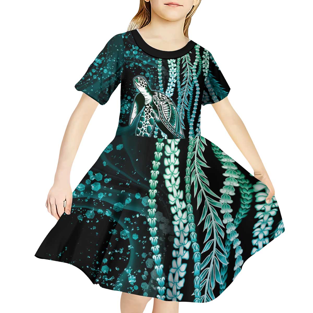 Hawaiian Honu Personalized Kid Short Sleeve Dress Dark Cyan Maile Pikake Flower Lei Inspired LT9 - Polynesian Pride