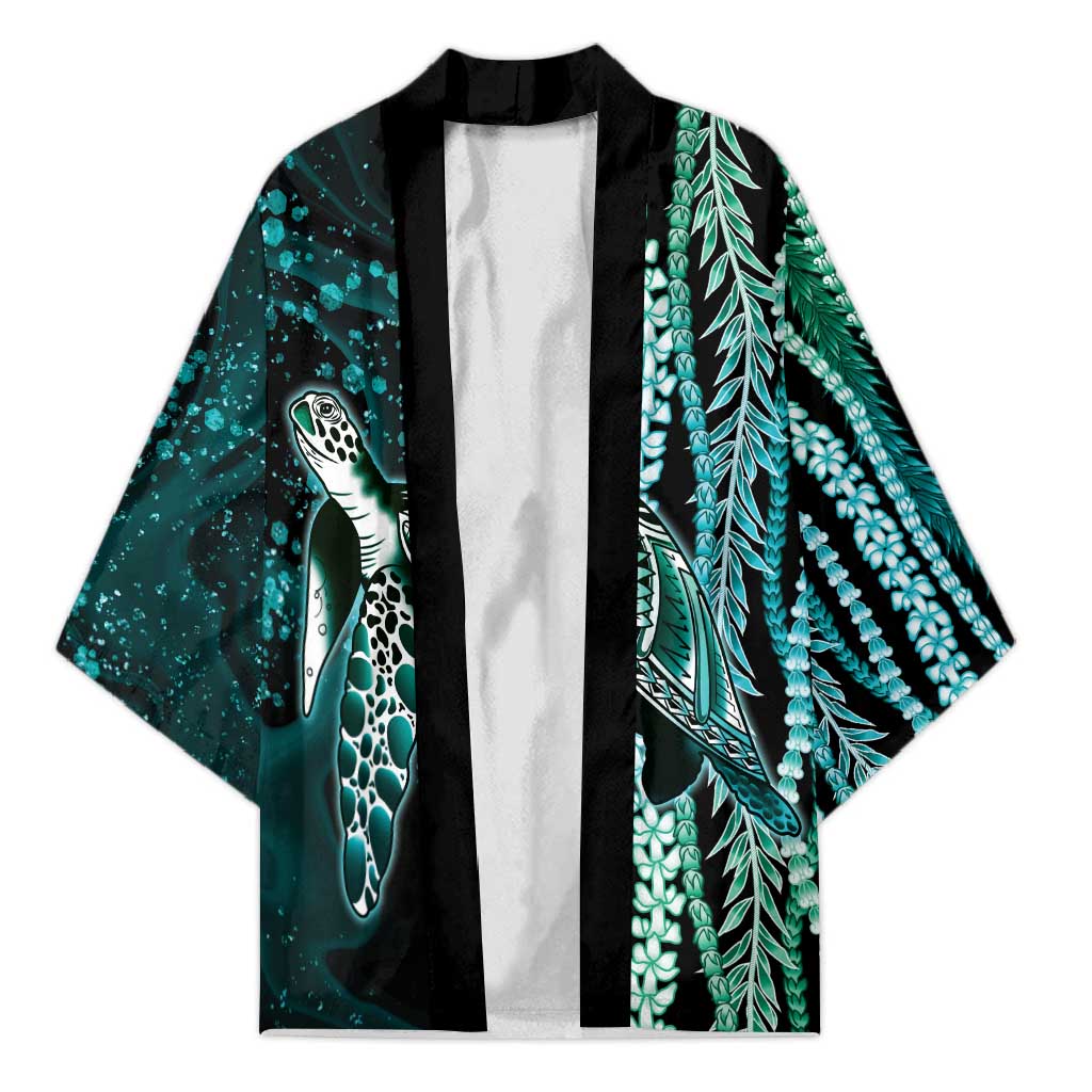 Hawaiian Honu Personalized Kimono Dark Cyan Maile Pikake Flower Lei Inspired LT9 Unisex Cyan - Polynesian Pride