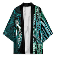 Hawaiian Honu Personalized Kimono Dark Cyan Maile Pikake Flower Lei Inspired LT9 Unisex Cyan - Polynesian Pride