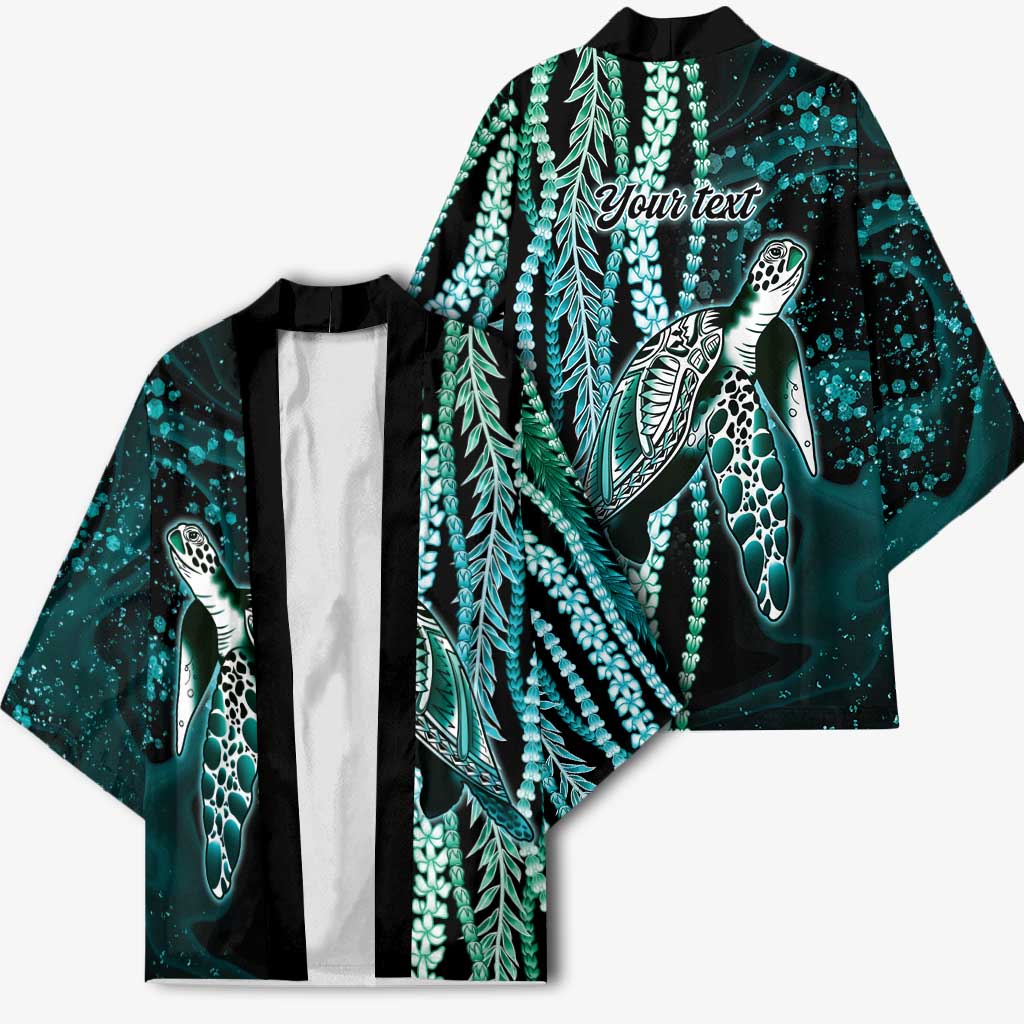 Hawaiian Honu Personalized Kimono Dark Cyan Maile Pikake Flower Lei Inspired LT9 - Polynesian Pride