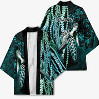 Hawaiian Honu Personalized Kimono Dark Cyan Maile Pikake Flower Lei Inspired LT9 - Polynesian Pride