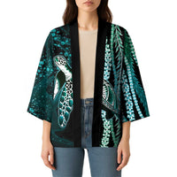 Hawaiian Honu Personalized Kimono Dark Cyan Maile Pikake Flower Lei Inspired LT9 - Polynesian Pride
