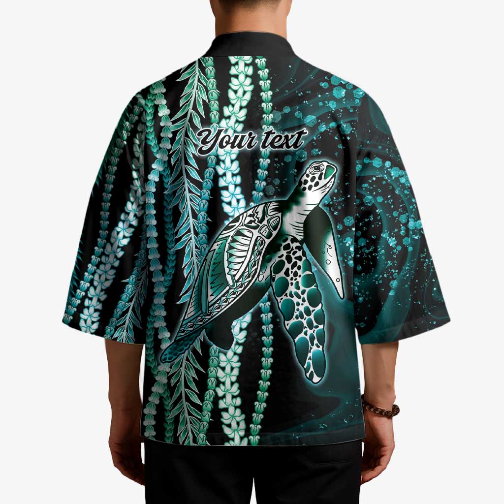 Hawaiian Honu Personalized Kimono Dark Cyan Maile Pikake Flower Lei Inspired LT9 - Polynesian Pride