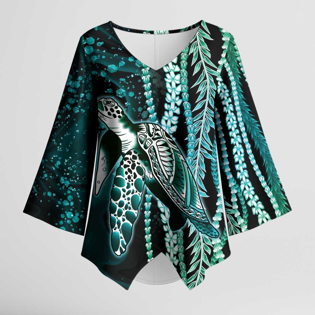 Hawaiian Honu Personalized Kimono Sleeve Blouse Dark Cyan Maile Pikake Flower Lei Inspired LT9 Female Cyan - Polynesian Pride