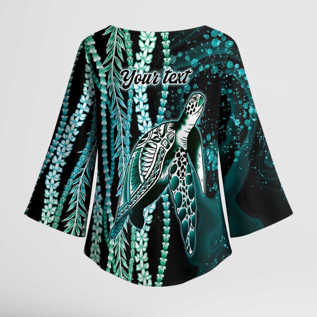 Hawaiian Honu Personalized Kimono Sleeve Blouse Dark Cyan Maile Pikake Flower Lei Inspired LT9 - Polynesian Pride
