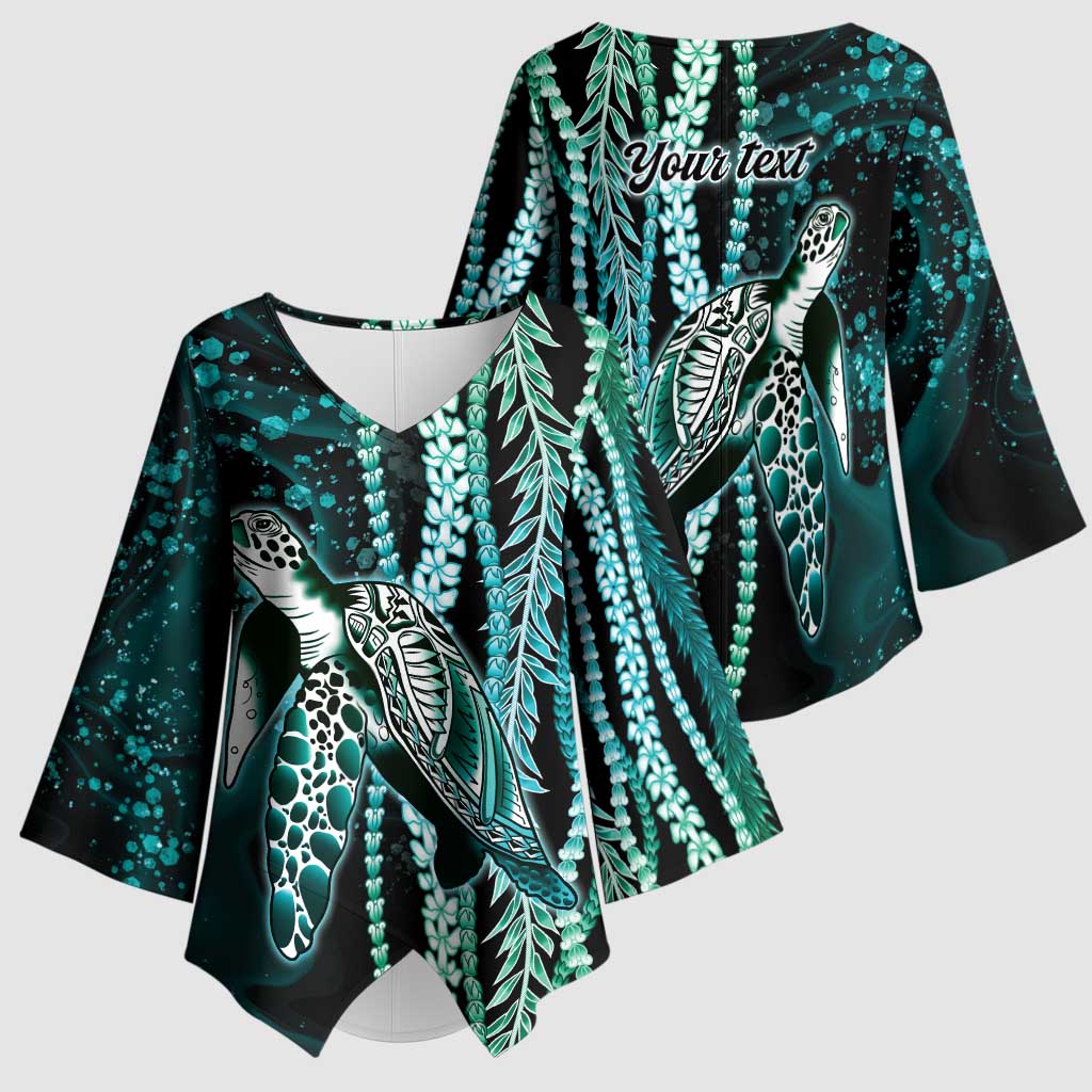 Hawaiian Honu Personalized Kimono Sleeve Blouse Dark Cyan Maile Pikake Flower Lei Inspired LT9 - Polynesian Pride