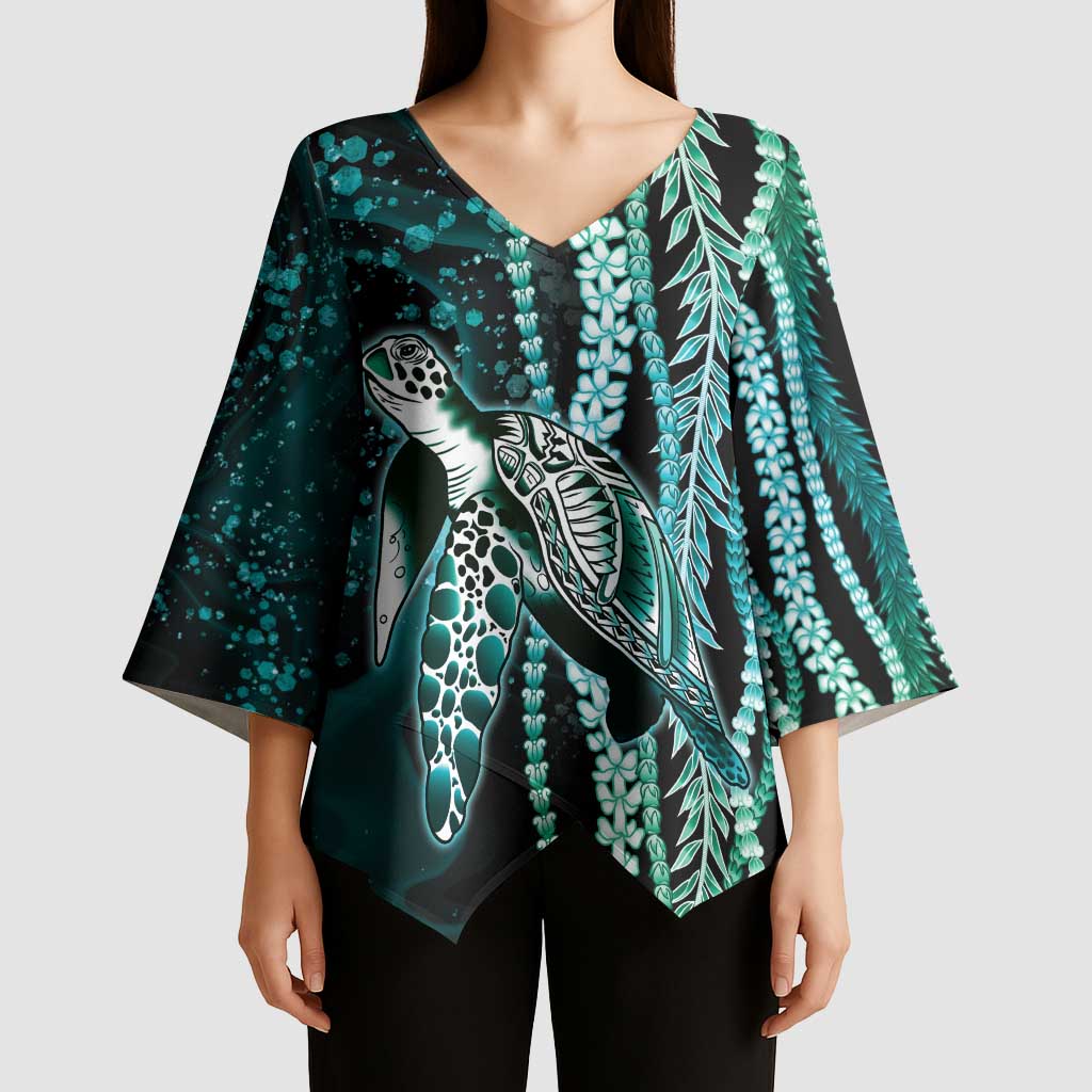Hawaiian Honu Personalized Kimono Sleeve Blouse Dark Cyan Maile Pikake Flower Lei Inspired LT9 - Polynesian Pride