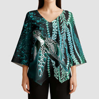 Hawaiian Honu Personalized Kimono Sleeve Blouse Dark Cyan Maile Pikake Flower Lei Inspired LT9 - Polynesian Pride