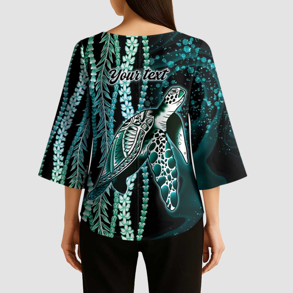 Hawaiian Honu Personalized Kimono Sleeve Blouse Dark Cyan Maile Pikake Flower Lei Inspired LT9 - Polynesian Pride