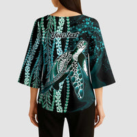 Hawaiian Honu Personalized Kimono Sleeve Blouse Dark Cyan Maile Pikake Flower Lei Inspired LT9 - Polynesian Pride
