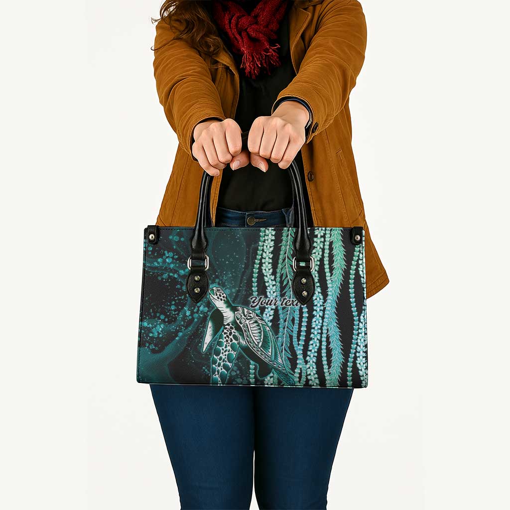 Hawaiian Honu Personalized Leather Bag Dark Cyan Maile Pikake Flower Lei Inspired LT9 - Polynesian Pride