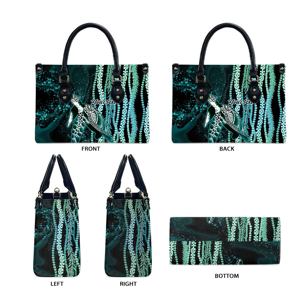 Hawaiian Honu Personalized Leather Bag Dark Cyan Maile Pikake Flower Lei Inspired LT9 - Polynesian Pride