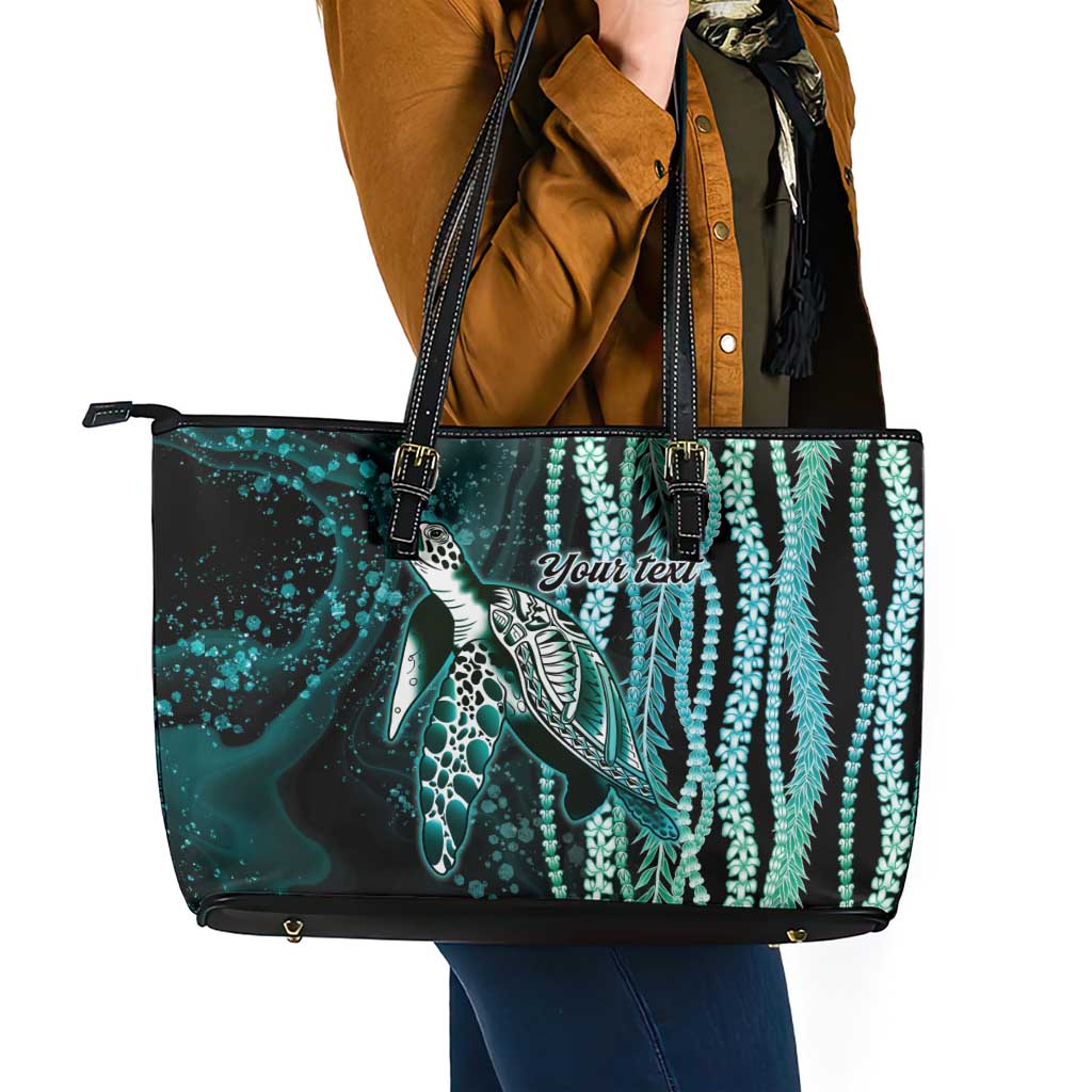 Hawaiian Honu Personalized Leather Tote Bag Dark Cyan Maile Pikake Flower Lei Inspired LT9 - Polynesian Pride