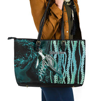 Hawaiian Honu Personalized Leather Tote Bag Dark Cyan Maile Pikake Flower Lei Inspired LT9 - Polynesian Pride