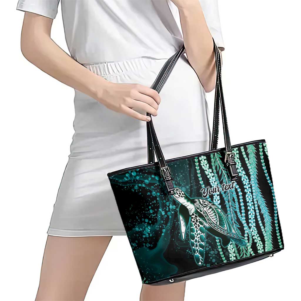 Hawaiian Honu Personalized Leather Tote Bag Dark Cyan Maile Pikake Flower Lei Inspired LT9 - Polynesian Pride