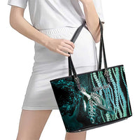 Hawaiian Honu Personalized Leather Tote Bag Dark Cyan Maile Pikake Flower Lei Inspired LT9 - Polynesian Pride